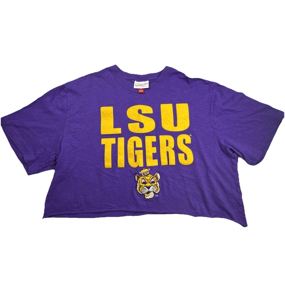 Mitchell & Ness Women LSU Tigers Shirt L Purple Slub Knit Crop Top Gameday Tee